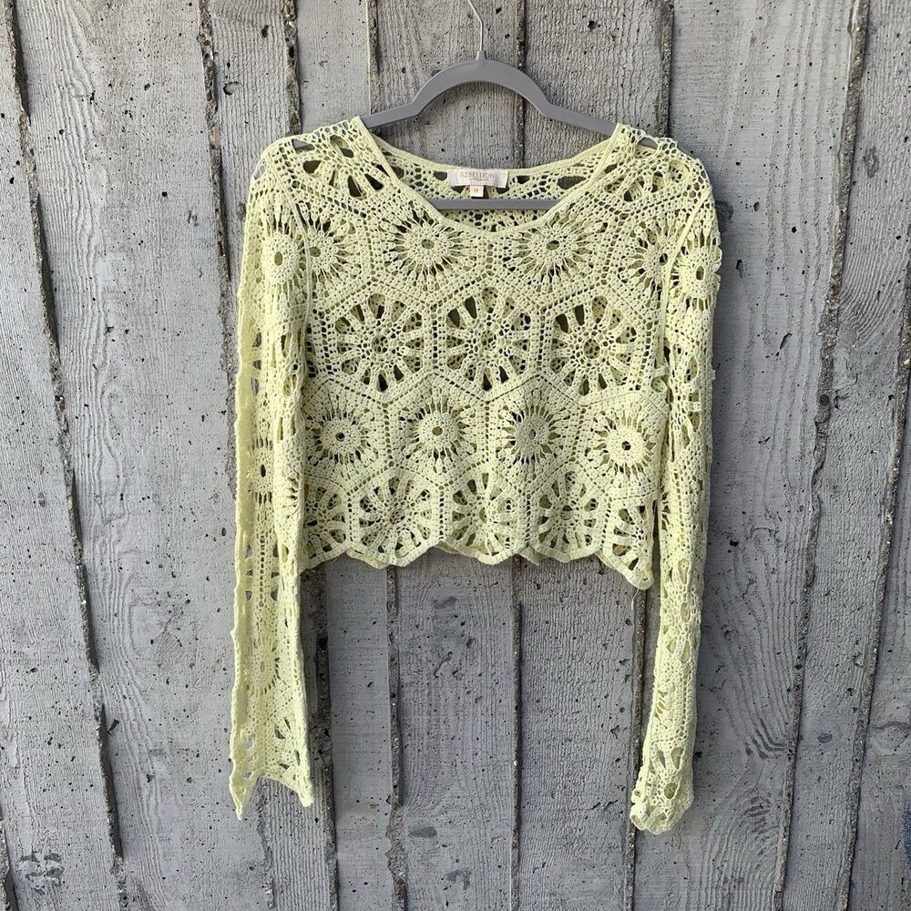 Women's Crochet Open Knit Cropped Pullover Floral Boho Beachy Dainty Doily M